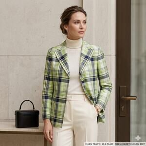 Ellen Tracy Green Plaid Silk Blazer Structured Tartan Preppy Jacket Size 4